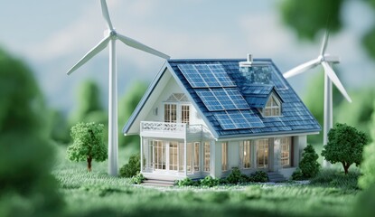 Eco-friendly home nestled in a verdant landscape with solar panels and wind turbines