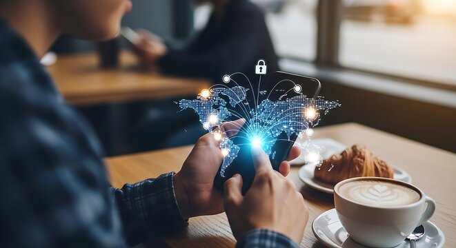 Secure Global Connectivity - Man Using Smartphone with Digital World Map.