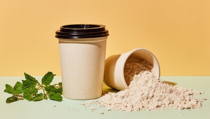 Light beige disposable cups and a bowl of a light tan powder sit on a pastel green and mustard yellow surface, with fresh green leaves.