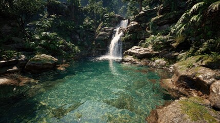 Crystal-clear pool at the base of a small waterfall in a lush jungle