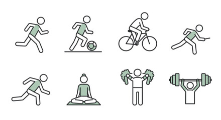 Fototapeta premium Illustration of fitness activities including running soccer cycling yoga and weightlifting icons vector