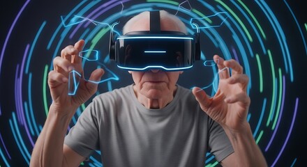 Senior citizen wearing VR headset exploring virtual reality.
