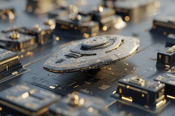 Futuristic spaceship hovering over a complex circuit board.  Metallic, intricate, and detailed design.  Gold accents highlight the structure.  Close-up view