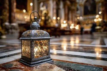 Ornate lantern on polished floor of a church. Soft light from candles illuminates the interior