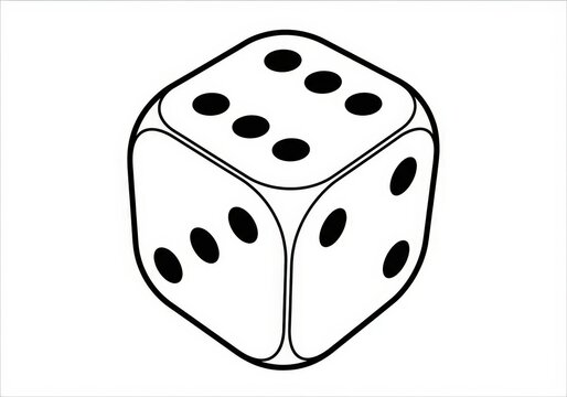 Black and White Outline of a Single Dice Showing Six Dots on Upper Face with Shadows - Powered by Adobe