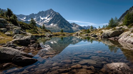Fototapeta premium Mountain lake reflecting peaks. Crystal-clear alpine lake mirroring jagged peaks against a vibrant blue sky. Rocky shoreline and lush vegetation surround the tranquil water