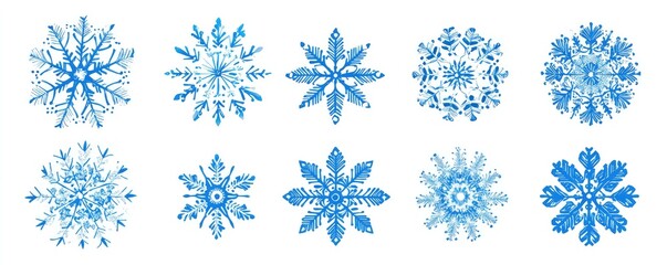 Nine intricate blue snowflake designs