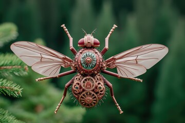 Steampunk fly, intricate mechanical design, hovering in forest