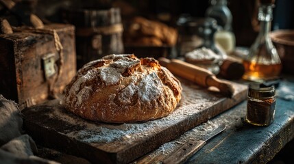 A rustic loaf of artisan bread sits on a wooden cutting board, dusted with flour.  Surrounding it are various antique-looking containers and tools, suggesting a  bakery or historical setting