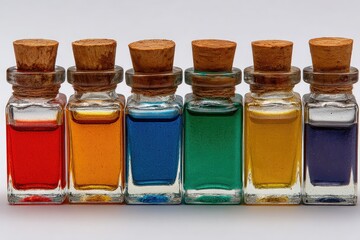 Row of small, square glass bottles with colored liquids and wooden corks
