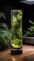 Cylindrical terrarium, filled with lush greenery, stands on a wooden floor