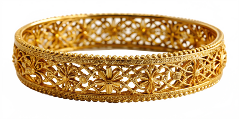 Ornate Gold Bangle Bracelet with Intricate Floral Design