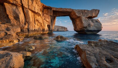 Dramatic sea arch, golden cliffs, tranquil water