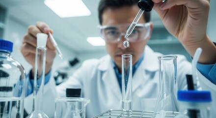 A person in safety goggles and a lab coat carefully pipetting liquid into a test tube in a laboratory