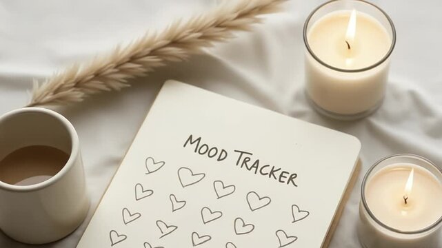 Cozy mood tracker notebook with hearts, coffee, and candles for mental wellness