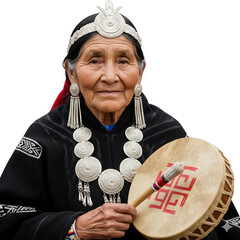 Chilean Mapuche elder woman, wearing silver jewelry and black poncho, holding ceremonial drum kultrun