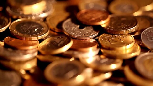 Dolly shot over various gold coins Saving Money and Gold - 4K Resolution Dolly shot over various gold coins wealth 4K HD abstract backgrounds