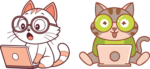 Two cute cartoon kittens wearing glasses and working on laptops expressing surprise and excitement with a playful and whimsical style