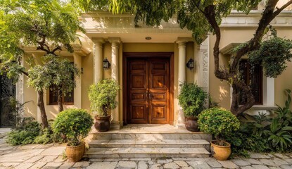 Fototapeta premium A grand entrance to a light beige house, shaded by lush greenery