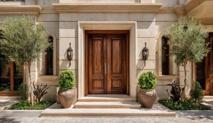 Elegant double doors on a light beige, stone home.  Ornate entryway with landscaping