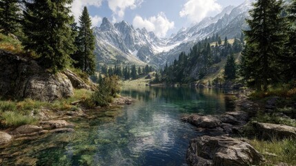 Mountain lake scene,  clear water,  pine trees,  snow-capped peaks