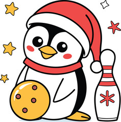 Cute cartoon penguin wearing a santa hat and scarf holding a bowling ball next to a bowling pin with festive stars