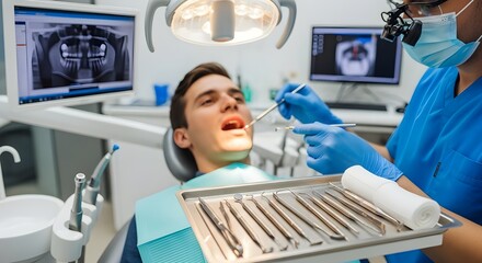 Dentist performing dental examination on a patient in a modern clinic