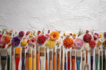 Colorful paintbrushes and dried flowers arranged in a horizontal line against a textured white background