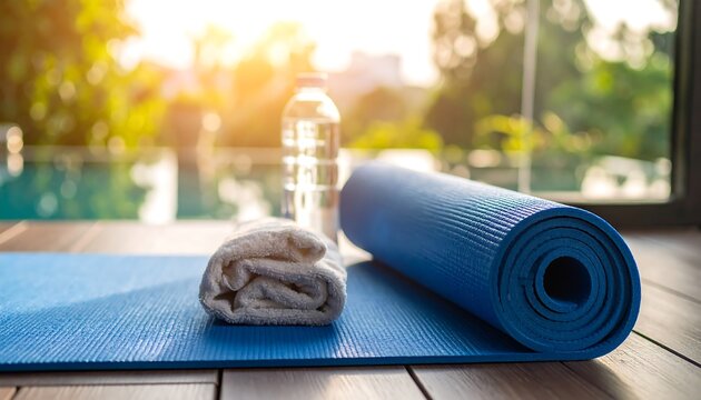 Yoga Mat, Towel, and Water Bottle by the Poolside. - Powered by Adobe