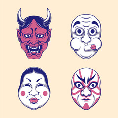 Japanese traditional mask vector design set isolated in soft color background