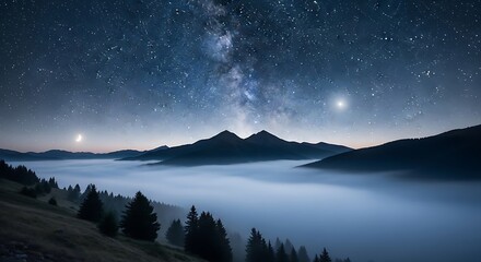 Fototapeta premium Stunning night sky over mountain range and fog.