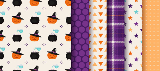Halloween patterns. Seamless Haloween textures. Backgrounds with pumpkin faces, witch cauldrons, stars, dots and checkered. Purple orange prints. Geometric wrapping papers. Vector Illustration.