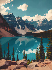 Breathtaking landscape illustration of Moraine Lake in Banff National Park, Canada. Canadian Rockies with turquoise water and snow-capped peaks