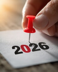 Hand Placing Red Pin on Paper with Bold Text of Year 2026
