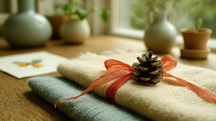 Cozy beige knitted fabric wrapped with red ribbon and topped with pine cone on wooden table near blurred plants and window light