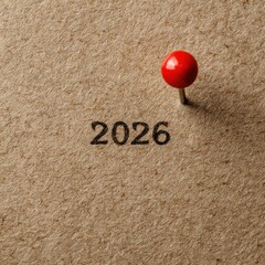 Red Pin Marking Year 2026 on Brown Kraft Paper Background