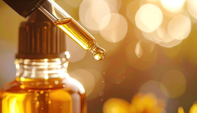 Amber liquid drips from a glass dropper bottle against a bokeh background of sunlight and blurred foliage