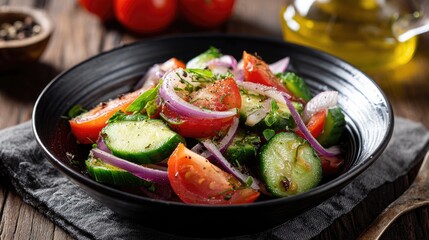 Fresh salad of tomatoes, cucumbers, and red onions in a dark bowl