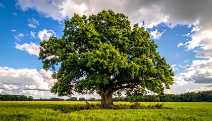 Majestic oak tree in a field under a partly cloudy sky