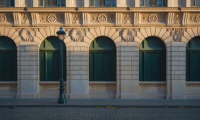 Beige facade with arched windows and lamppost
