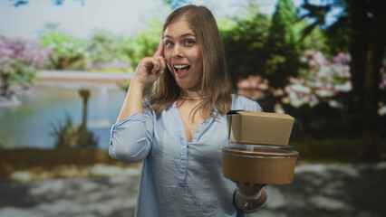 Woman in blue shirt holding stacked food boxes and pointing finger to temple in green forest;...