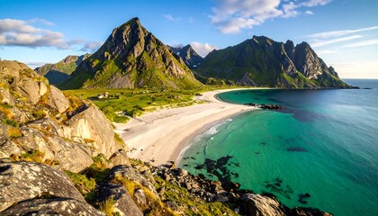 Scenic vista of a pristine beach nestled amongst dramatic mountains