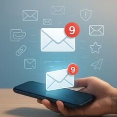 A hand holds a smartphone displaying digital envelopes with notifications, symbolizing email messages, while floating illustrations of additional envelopes and app icons fill the softly colored...