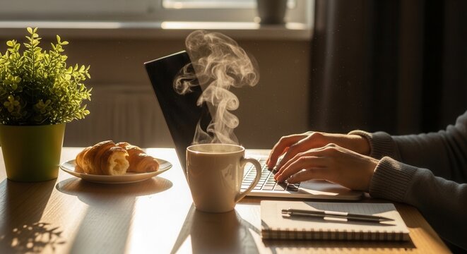 Hands type on a laptop at a sunlit desk with steaming coffee croissants a plant and a notebook - Powered by Adobe