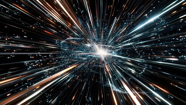 An abstract depiction of light streaks radiating from a central point, resembling a cosmic event or hyperspace jump, set against a dark background speckled with tiny particles