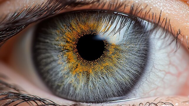 Iris collarette ring professional macro eye capture golden amber gray texture natural lighting detailed surface patterns crypts lacunae structure