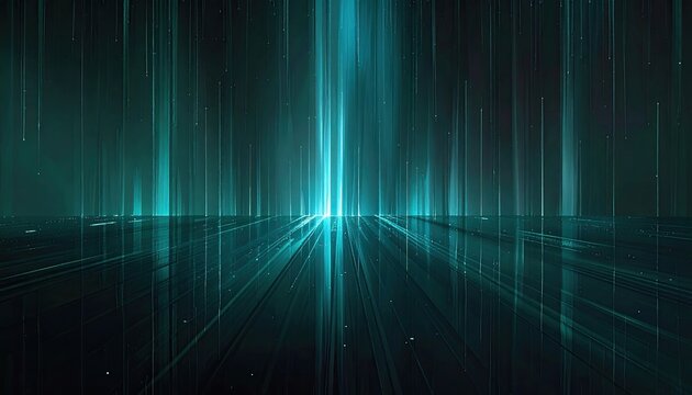 An abstract digital artwork depicting a futuristic, glowing teal landscape with vertical light beams converging on a reflective surface
