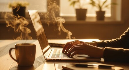 Hands type on a laptop at a sunlit wooden desk with a steaming mug and potted plants in the background