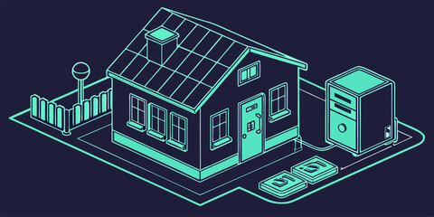 Solar energy off-grid system diagram showing house, inverter, panels, and components isolated vector. © Rahim