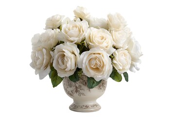 Obraz premium A beautiful bouquet of white roses arranged in a decorative vase, perfect for weddings or home d?(C)cor.